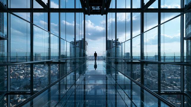 Businessman Standing in Modern Glass Skyscraper Bridge Overlooking City