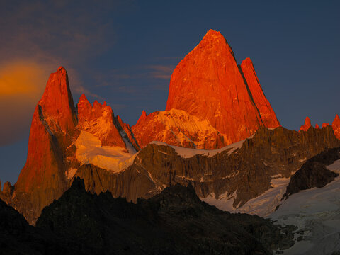 Mount Fitz Roy glowing at sunrise in Patagonia copy space