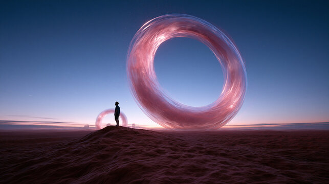 Futuristic Glowing Ring Portal on Alien Desert Planet