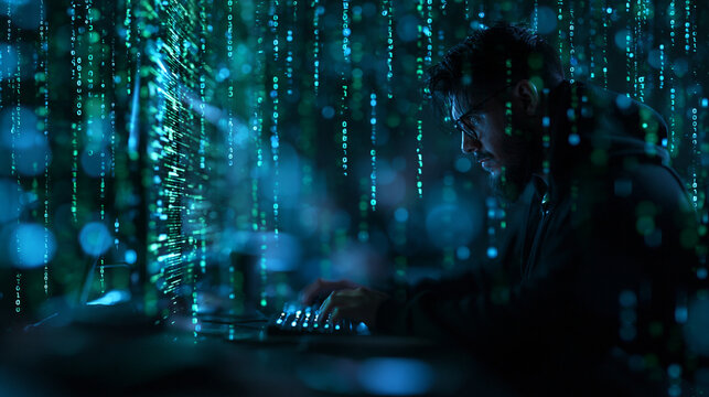 Hacker Working on Computer with Digital Data Code Overlay
