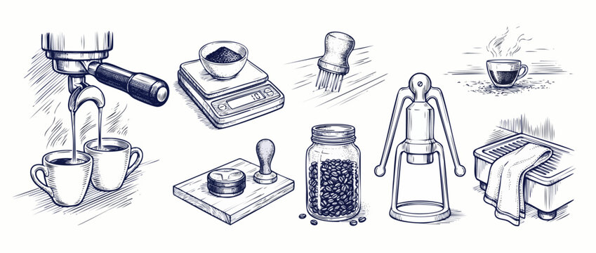 Espresso coffee barista equipment sketch icon set featuring portafilter machine pouring cup manual lever maker scale beans jar tamper tools in vintage hand drawn woodcut engraving illustration styles
