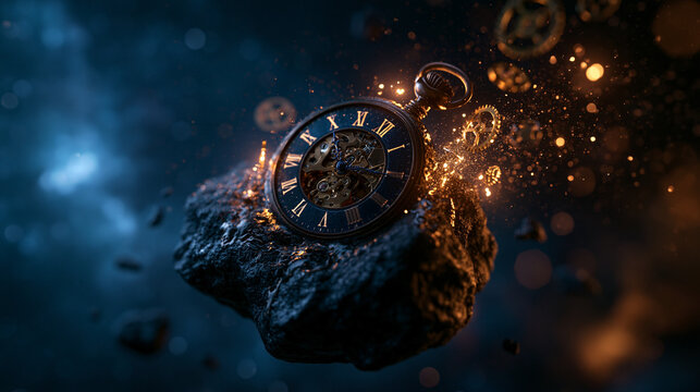 Vintage Pocket Watch Floating on Asteroid in Deep Space