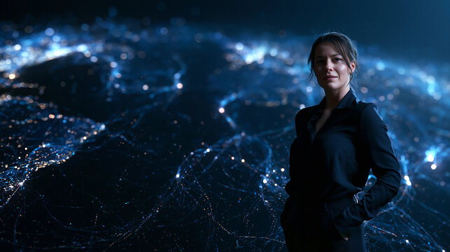 Businesswoman Standing Against Glowing Global Digital Network Background