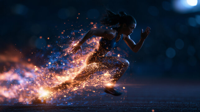 Athletic Female Sprinter Running with Glowing Light Trail Effect
