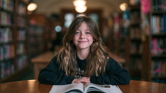 Smiling Young Girl Reading Book in Library