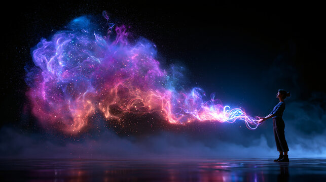Silhouette of Person Emitting Glowing Magical Energy Cloud