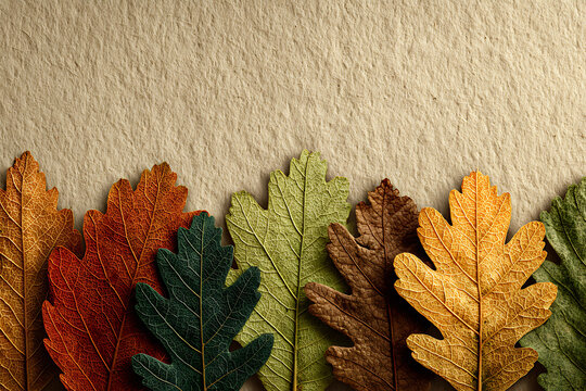 Colorful autumn oak leaves border on textured paper background