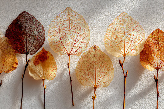 Dried skeleton autumn leaves flat lay on white background