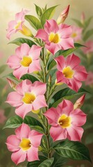 Naklejka premium Vibrant pink mandevilla flowers with yellow centers grow on a vine. Green leaves surround delicate petals and unfurling buds, creating a lush botanical scene.