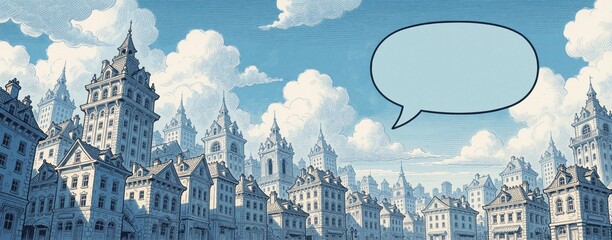 Naklejka premium Old town cityscape with detailed architecture under cloudy blue sky. Empty speech bubble floats above buildings, suggesting conversation or thought. Classic style urban scene.