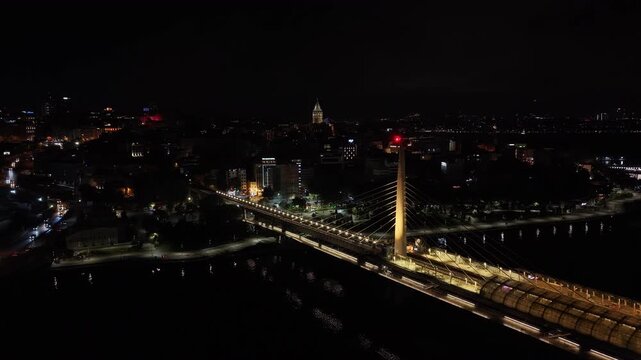 Istanbul Turkey Night Aerial Flight from Halic Bridge Toward Galata Tower