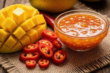 Obraz premium Ripe mango half cubed, sliced red hot chili peppers, and spicy mango chili sauce presented on burlap. Rustic food composition with soft focus effect.