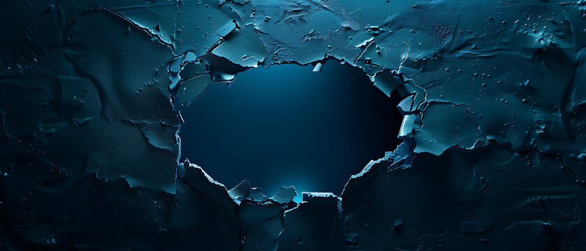 Macro dark navy blue torn cardboard hole with glowing backlight copy space for tech banner