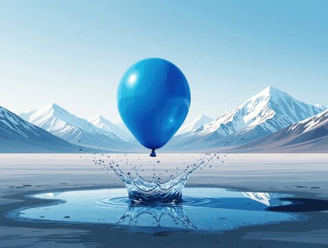 Blue balloon makes splash hitting water surface. Snowy mountains and clear sky form backdrop. Scene suggests surprise impact or breaking calm.