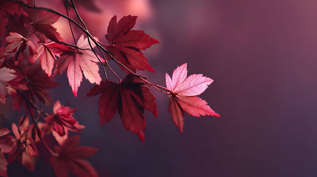 Dark pink and red autumn leaves on thin branch