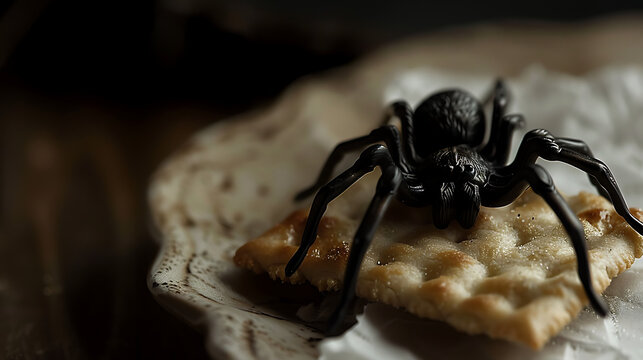 Macro close up of black toy spider on a cracker for spooky Halloween party snack