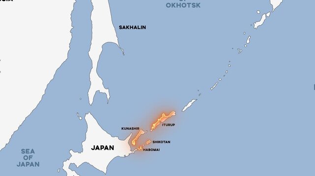 4K animation of a political map showing Russia, Japan, and the Kuril Islands, illustrating the territorial dispute over the Kuril Islands.