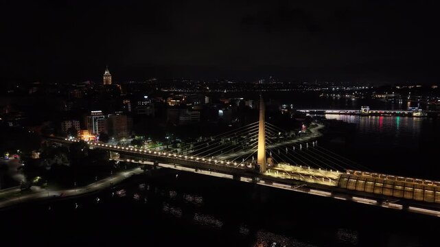 Istanbul Turkey Night Aerial View of Galata Tower Golden Horn and Bosphorus
