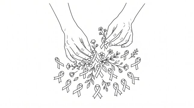 Hands arranging awareness ribbons and flowers symbolizing hope and support for a cause