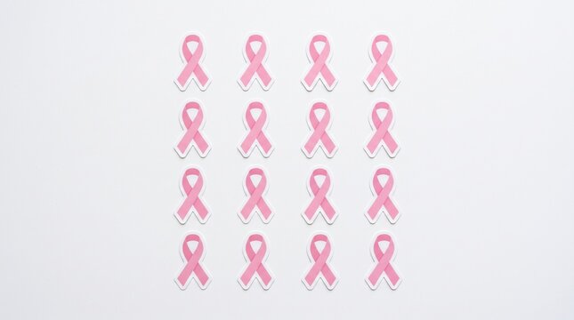 Numerous pink breast cancer awareness ribbons arranged in a grid pattern on a white background