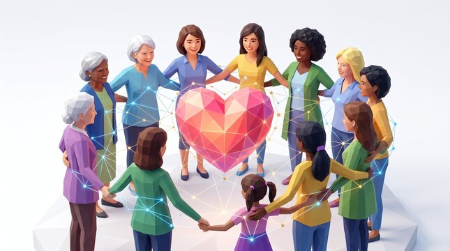 Diverse group of women of all ages holding hands in a circle around a glowing heart symbolizing unity and connection