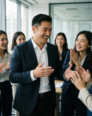 Obraz premium Mid-career Asian man presents idea to colleagues in modern office with confidence and enthusiasm, beaming with a bright smile and animated gestures.