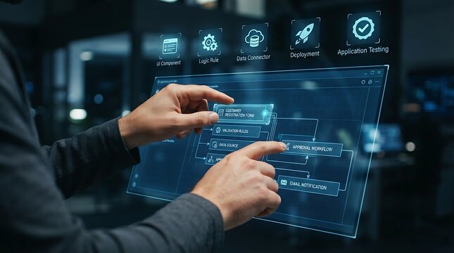 Citizen developer hands interacting with holographic low-code application development platform interface for enterprise visual business application building and digital workflow creation solutions.