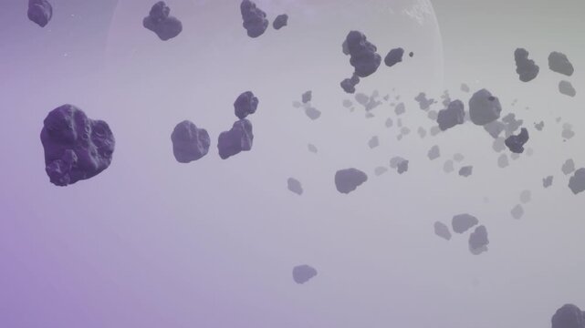 Small rocks are floating in an undefined space. The background is light purple, creating a simple setting for the asteroids. They move slowly and look random in placement.