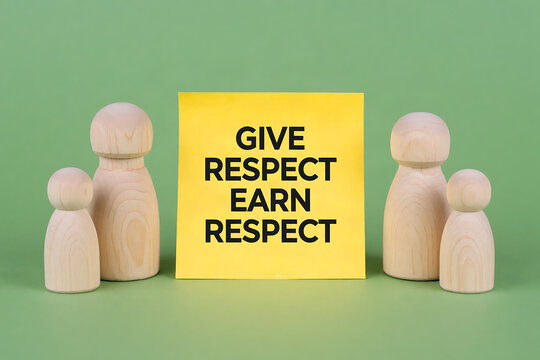 Wooden figures holding sign promoting mutual respect and professionalism