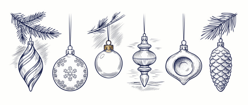 Christmas Bauble Ornaments Hand Drawn Sketch Set Hanging on Pine Branches, Vintage Engraving Style Festive Holiday Winter Illustrations Isolated on White Background for Greeting Card and Design