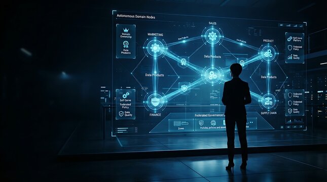 Data platform architect standing before holographic data mesh decentralized architecture interface for enterprise federated data domain management and digital data product governance solutions.