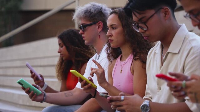 Colorful mobile phones. Group of young people together outdoors, holding their smartphones and creating a technological connection