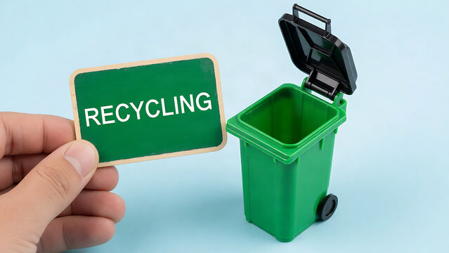 Hand holding recycling sign next to green waste bin on blue background