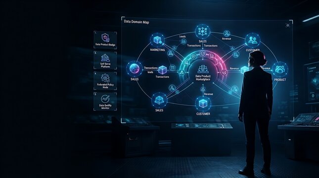 Data platform architect standing before holographic data mesh decentralized architecture interface for enterprise federated data domain management and digital data product governance solutions.