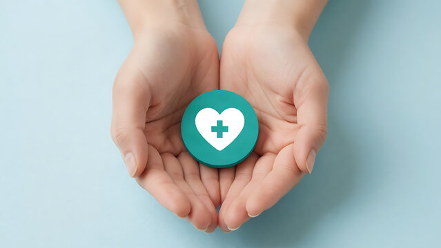 Hands gently holding green heart-shaped health symbol on blue background