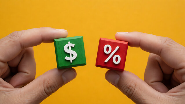 Hands holding dollar sign and percentage cubes symbolizing finance and profit growth