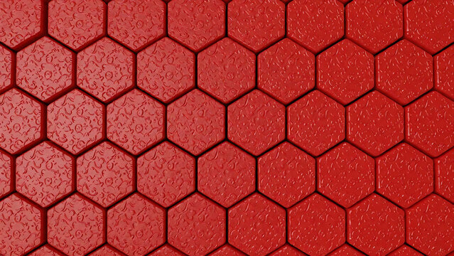 Red honeycomb pattern with textured hexagonal tiles