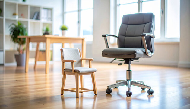 A large professional office chair stands beside a tiny wooden chair in a bright, sunlit room with nobody present. This conceptual contrast metaphorically explores growth, leadership, and scale.