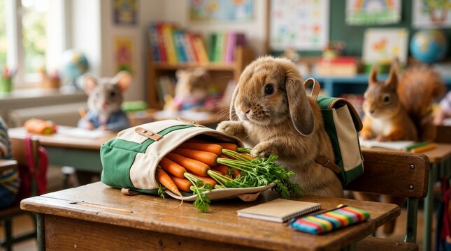 Whimsical rabbit opening a backpack full of carrots at a school desk. Cute animals in a classroom back to school concept