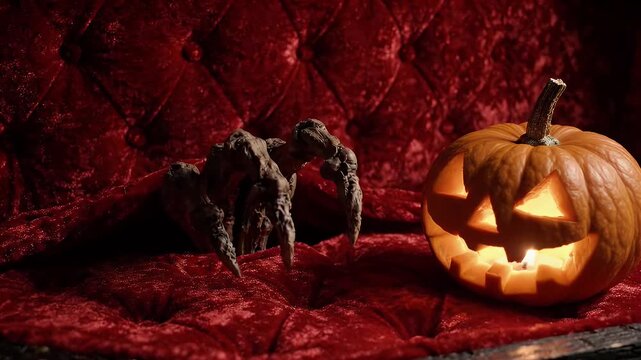 Spooky halloween jack o lantern pumpkin glowing next to a creepy monster hand crawling on a luxury red velvet tufted sofa couch background