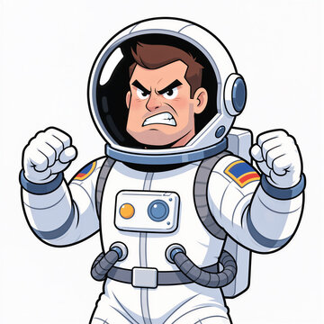 Angry astronaut in a big helmet and white space suit stands with fists clenched on a light background.