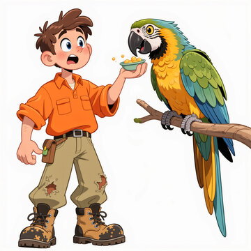 A cartoon zookeeper in a bright orange shirt feeds a giant parrot with amazement, on a white background.