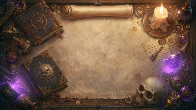 Mystical tabletop scene with ancient books, candle, skull, and magical artifacts.