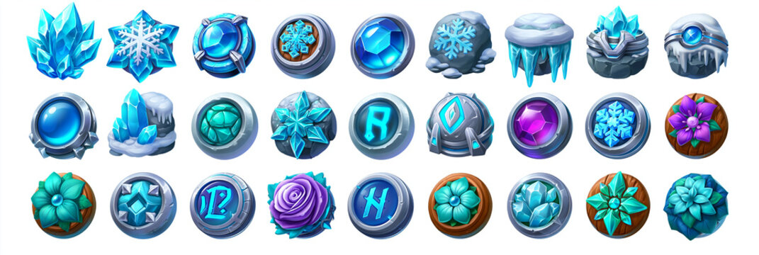 Collection of colorful, icy game icons featuring various gem and snowflake designs.