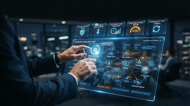 Business continuity executive interacting with holographic operational resilience enterprise continuity map interface for digital disruption management and critical process recovery planning solutions