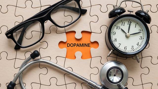 Flat lay of glasses, puzzle, clock, and stethoscope on jigsaw background for memory and focus concept