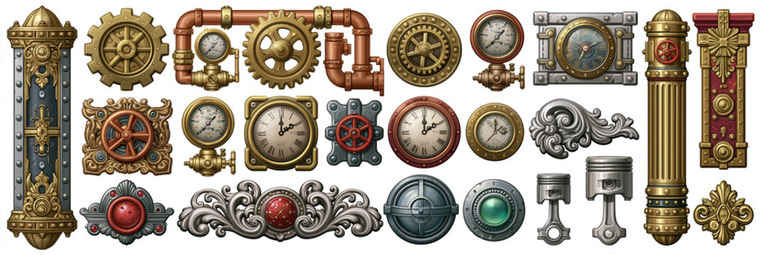A collection of vintage steampunk elements featuring clocks, gears, and pipes.