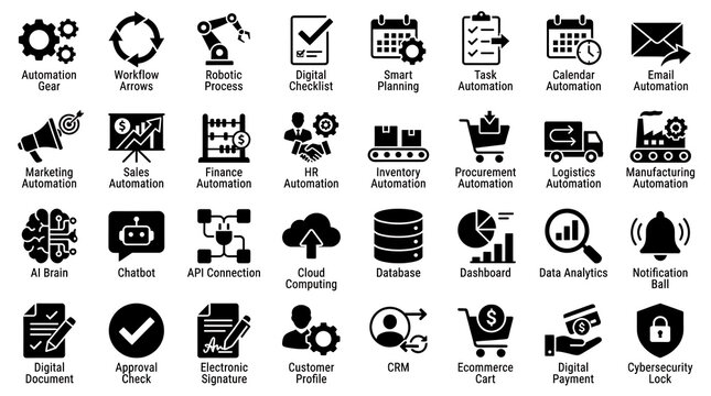 Automation icons depicting industrial robotics, workflow gear, smart planning, and digital payment solutions.