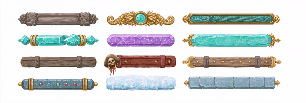 Variety of decorative UI elements for RPG games featuring different materials.