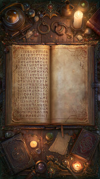 Open ancient book with cryptic writing, surrounded by mystical objects and candles.